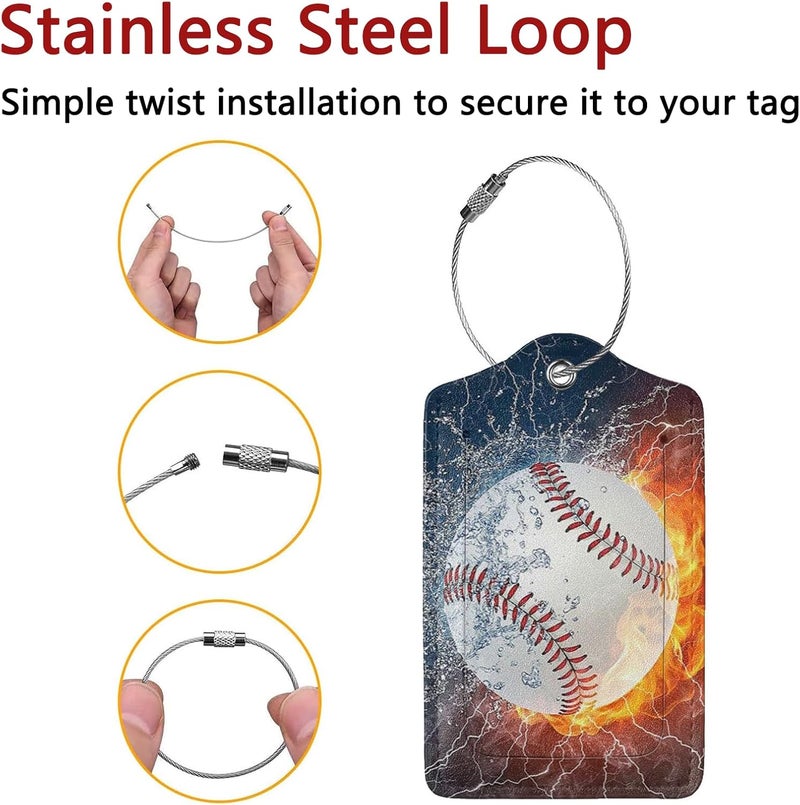 GACCAP 2 Pack Luggage Tags for Suitcase, Privacy Cover ID Label with Stainless Steel and Address Card for Travel Bag Backpack Cruise Ship Essentials Tag Men Boys - Cool Ice Fire Baseball - Image 2
